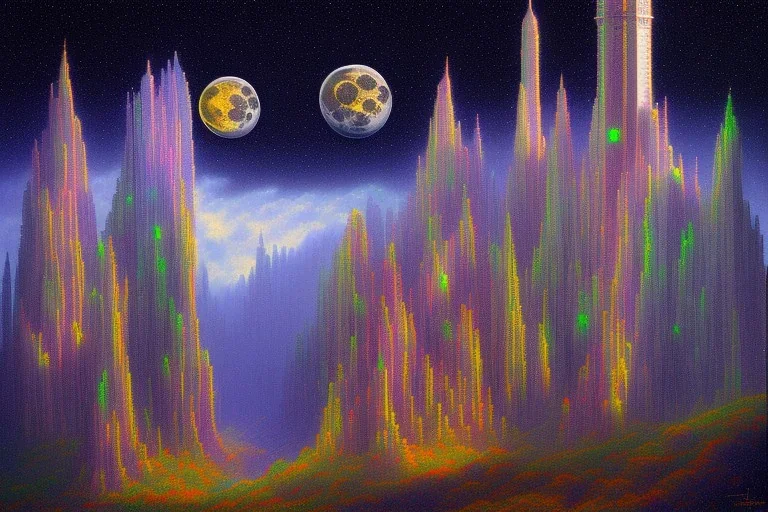 Impressionistic painting of one mile tall plastic "moon" Canyon City Towers made out of stacked Rubik's Cubes, Orange, white, blue, green. Jewel tones