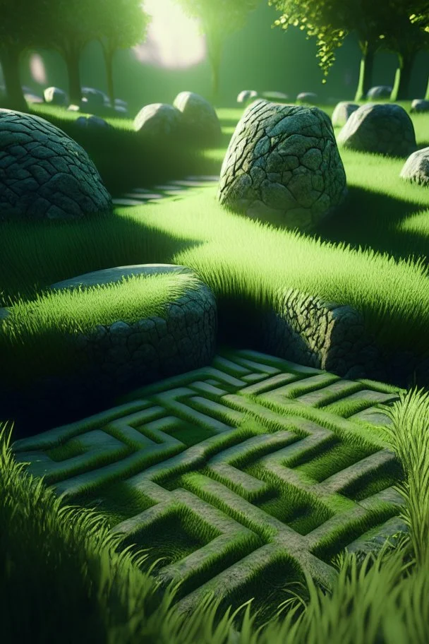 brilliant raytraced stone labyrinth with green grass, 4k, nvidia graphics, volumetric light, depth of field, autumn