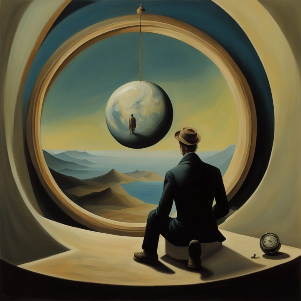 person alone in planet,cover art, surrealist painting called 'today I am thinking about time by dali and picasso and magritte and Breughel