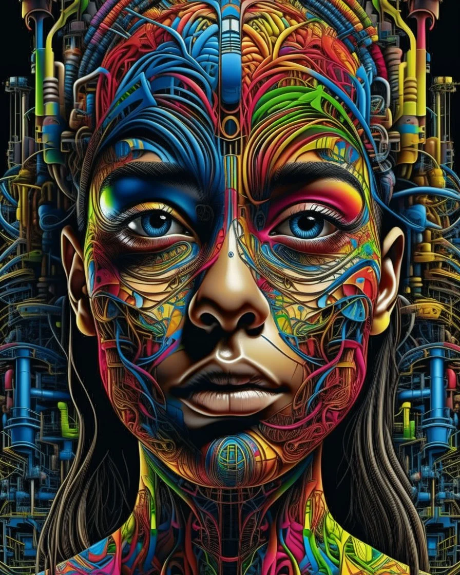 high quality illustration of a front complex woman face head mixed with a chemical plant (detailed eyes, nose, mouth , neck), surreal, visible brain, made of recycled colored objects all around and inside of head, dark industrial interior background , 4k, HDR, UHD, all in focus, clean, no grain, concept art