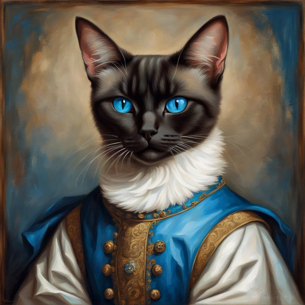 Renaissance Portrait of a Siamese cat wearing classic mediveal outfit, oil painting texture, piercing blue eyes