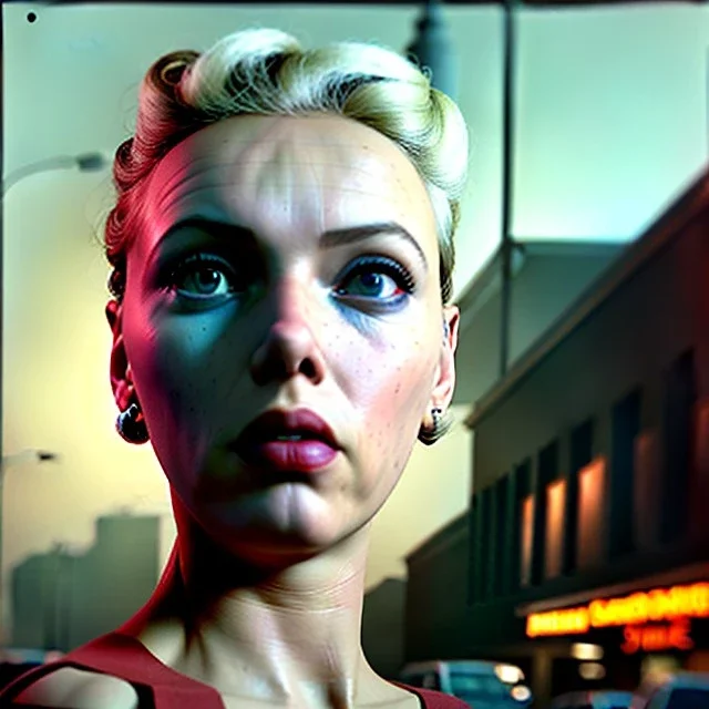 Ultra Realistic retro sci-fi movie explosion Supermarket parking scene, 1960 year, waist up view portrait, blonde woman, sweet scarlet Johansson face, perfect iris, glow eyes, face makeup, tight latex coat; many people looking, Retro sci-fi style, soft color, highly detailed, unreal engine 5, ray tracing, RTX, lumen lighting, ultra detail, volumetric lighting, 3d, finely drawn, high definition, high resolution.