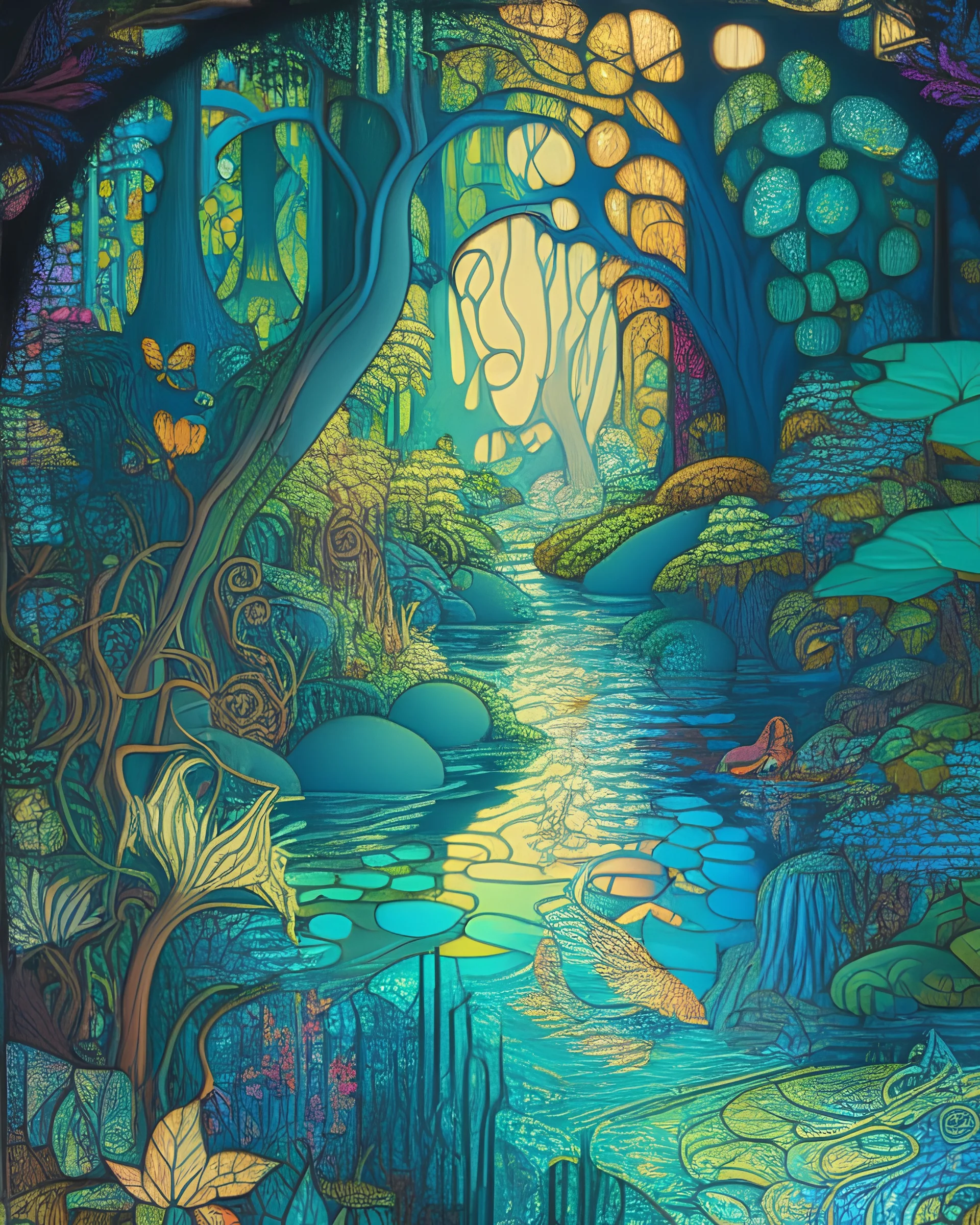 A serene scene of an enchanted river flowing through a lush, vibrant forest, filled with creatures and plants from various mythologies, in the style of stained glass art, vivid colors, bold lines, and intricate patterns, influenced by the works of Louis Comfort Tiffany and Alphonse Mucha, celebrating the harmony and beauty of the natural world.