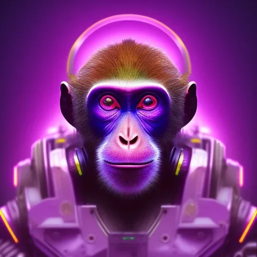 A beautiful portrait of a cyborg monkey purple neon color scheme, high key lighting, volumetric light high details psychedelic background