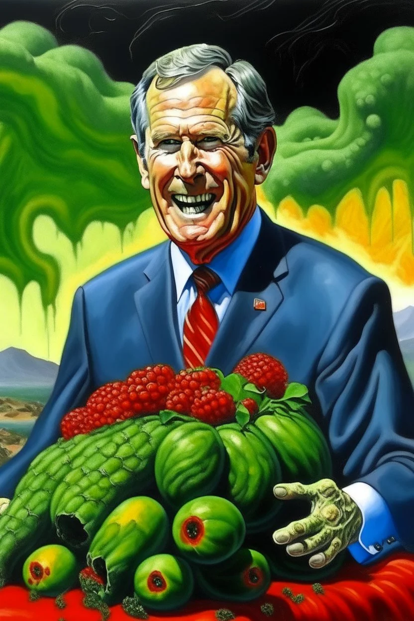 President George Bush painted as the devil puking throwing up barfing up broccoli on the island of japan