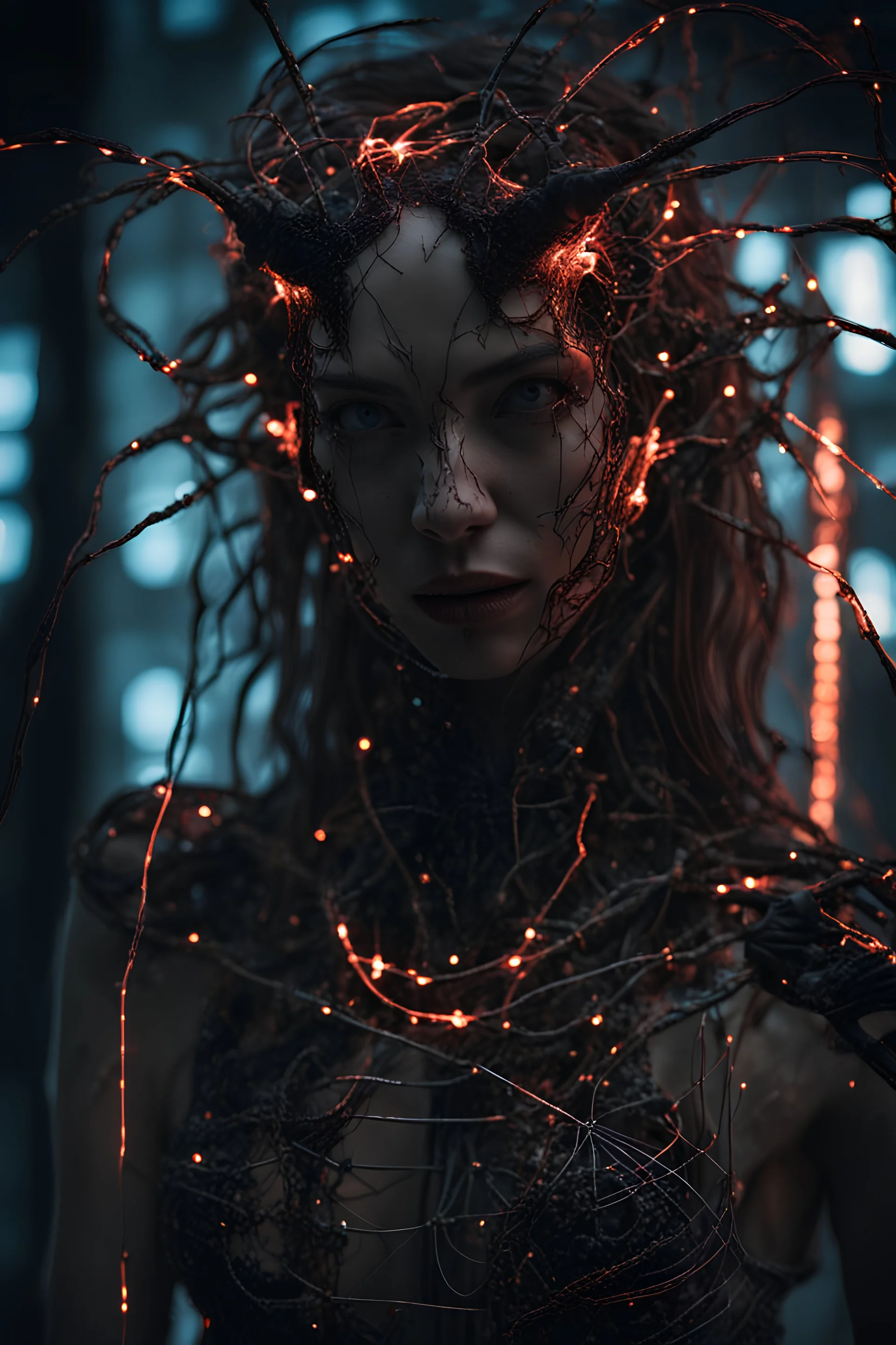 Demon girl, fullbody, creepy, horrifying, sinister, many wires connected to the head lumen lighting, led lights, sparks around her, sparks cybernetic,high lighting, intricate, 8k, macro photography,