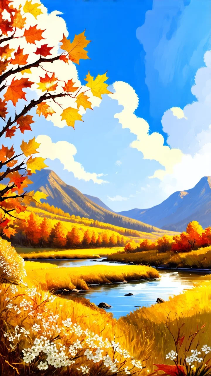 view of autumn mountain landscape at the golden hour with clouds at the sky on a river with autumn branch ,leaves and white flowers on the side ,oil paint style