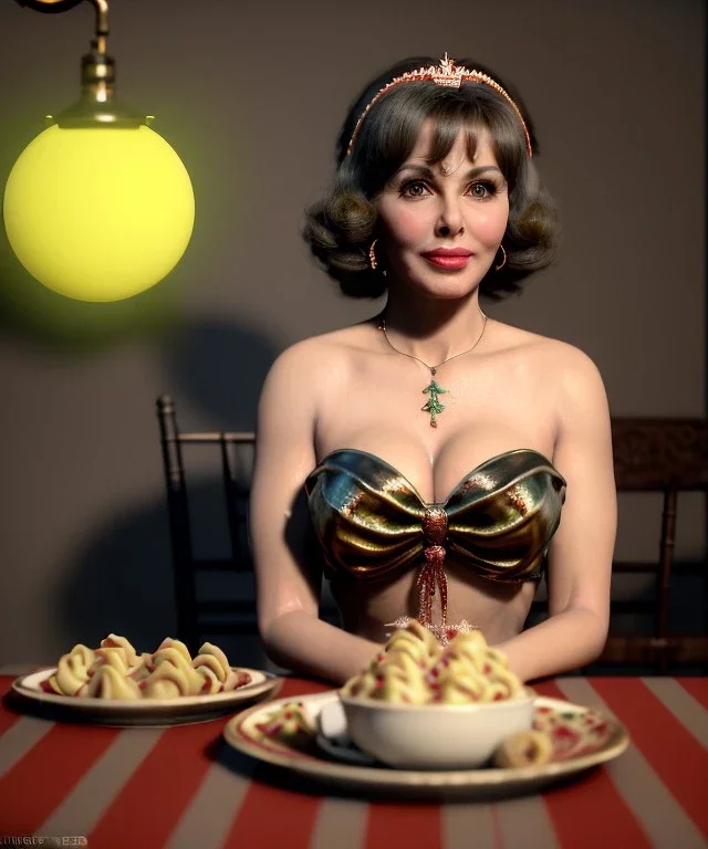 Ultra realistic photographic portrait, happy elegant Gina Lollobrigida woman sitting with arms resting on Italian kitchen table, pretty tortellini dish, renaissance style decoration, cold, soft color, highly detailed, unreal engine 5, ray tracing, RTX, lumen lighting, ultra detail, volumetric lighting, high definition.