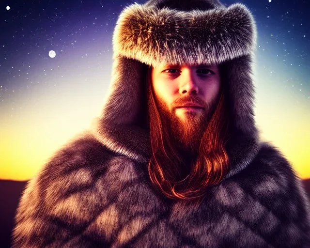 a sad and lonely viking looking up at the stars at night, hyper realistic, 8k, insane detail, atmospheric background, crying eyes, big fur coat, long braided hair, sharp focus, soft background, dynamic lighting, viking helmet, night time