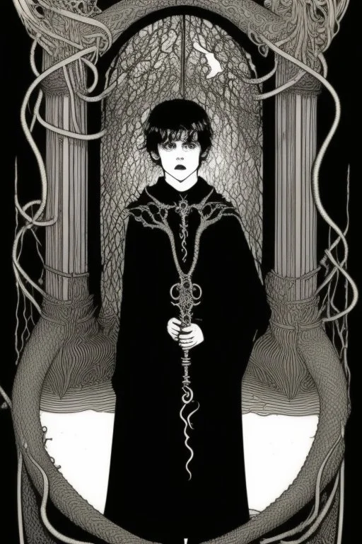7 year old boy, necromancer, friendly, looks dead,with a lamprey serpent , wearing black robes, in the style of Harry Clarke