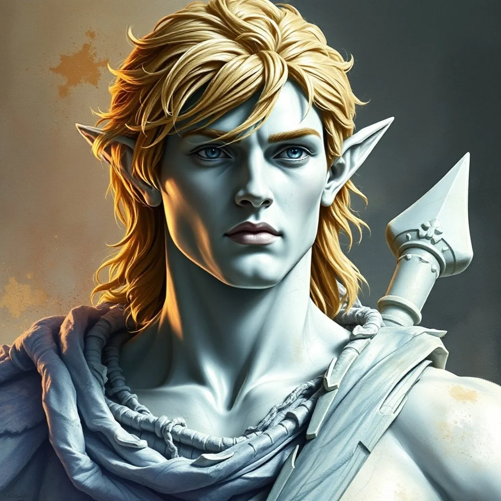 fantasy, dramatic portrait, marble statue of an elf male, marble skin, watercolour, golden hair, warrior, mighty, righteous