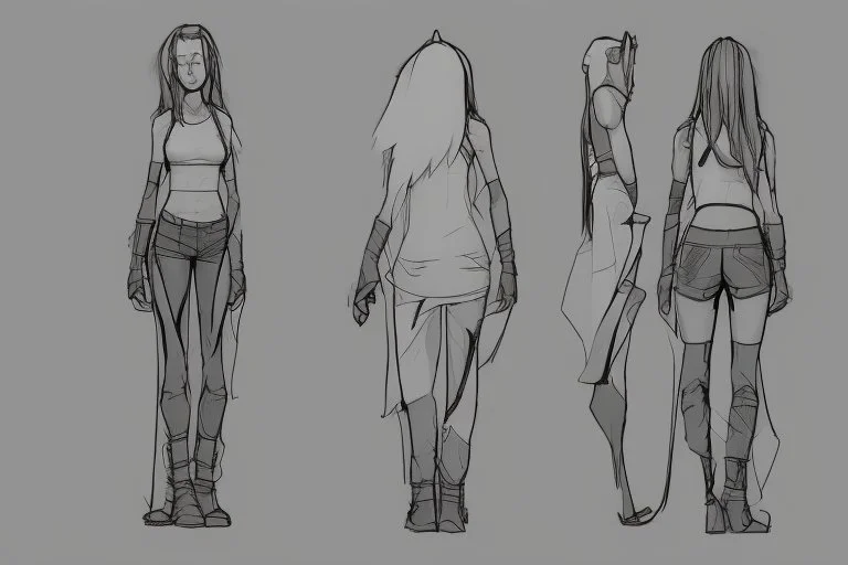 Female character 19 years Proportions of the character the head-to-body ratio . Create a distinctive silhouette that helps the character stand out and be easily recognizable Design the character's face, including the shape of the head, eyes, eyebrows, nose, mouth, and ears. Consider the character's personality, age, and any unique that set them apart depth and visual interest. Front, Side, and Back Views: Provide multiple views of the character, including front, side, and back mode sheet .