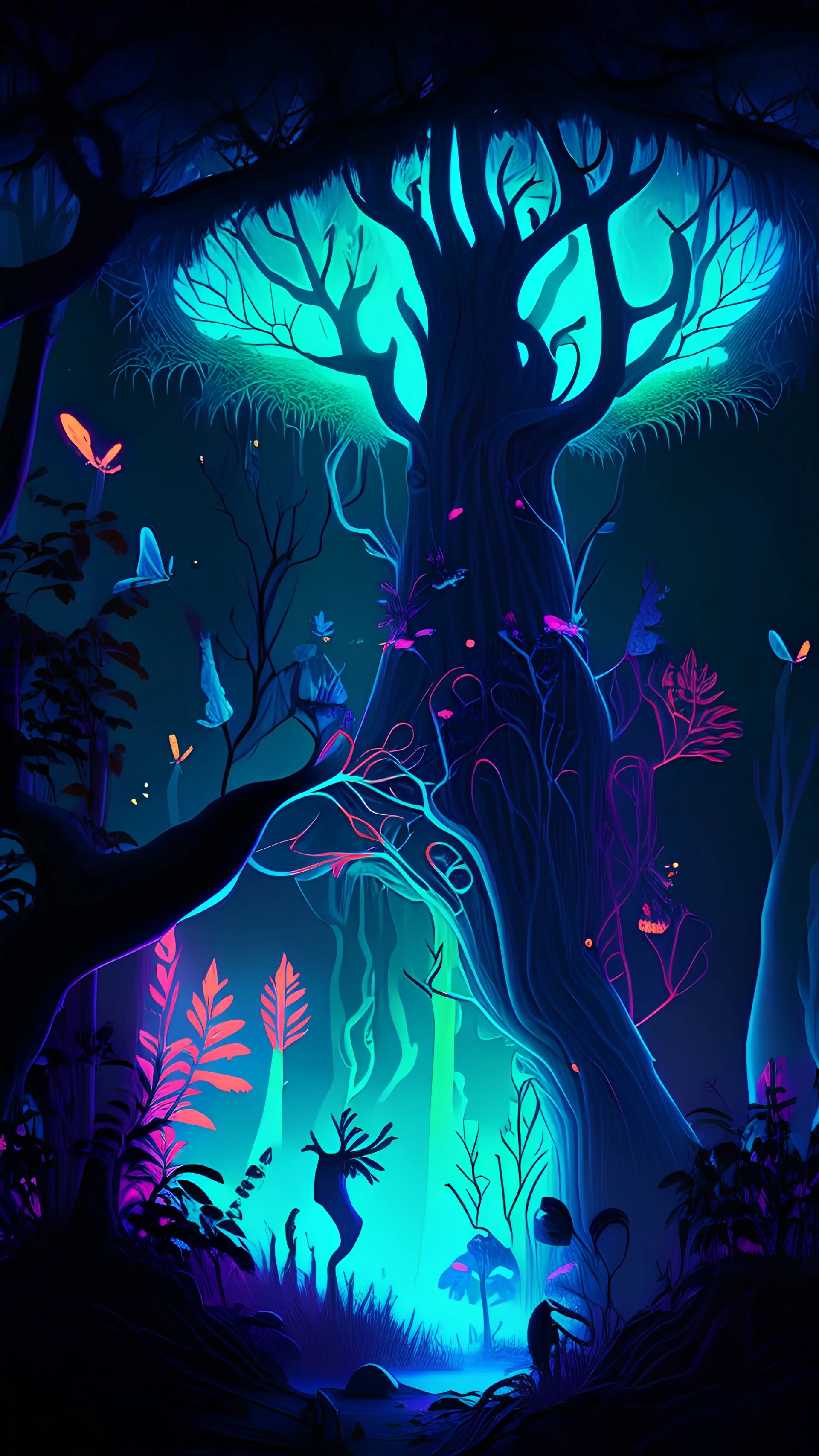 Create an otherworldly forest with bioluminescent flora and fauna. The trees should glow with vibrant colors, and mythical creatures should inhabit the scene.