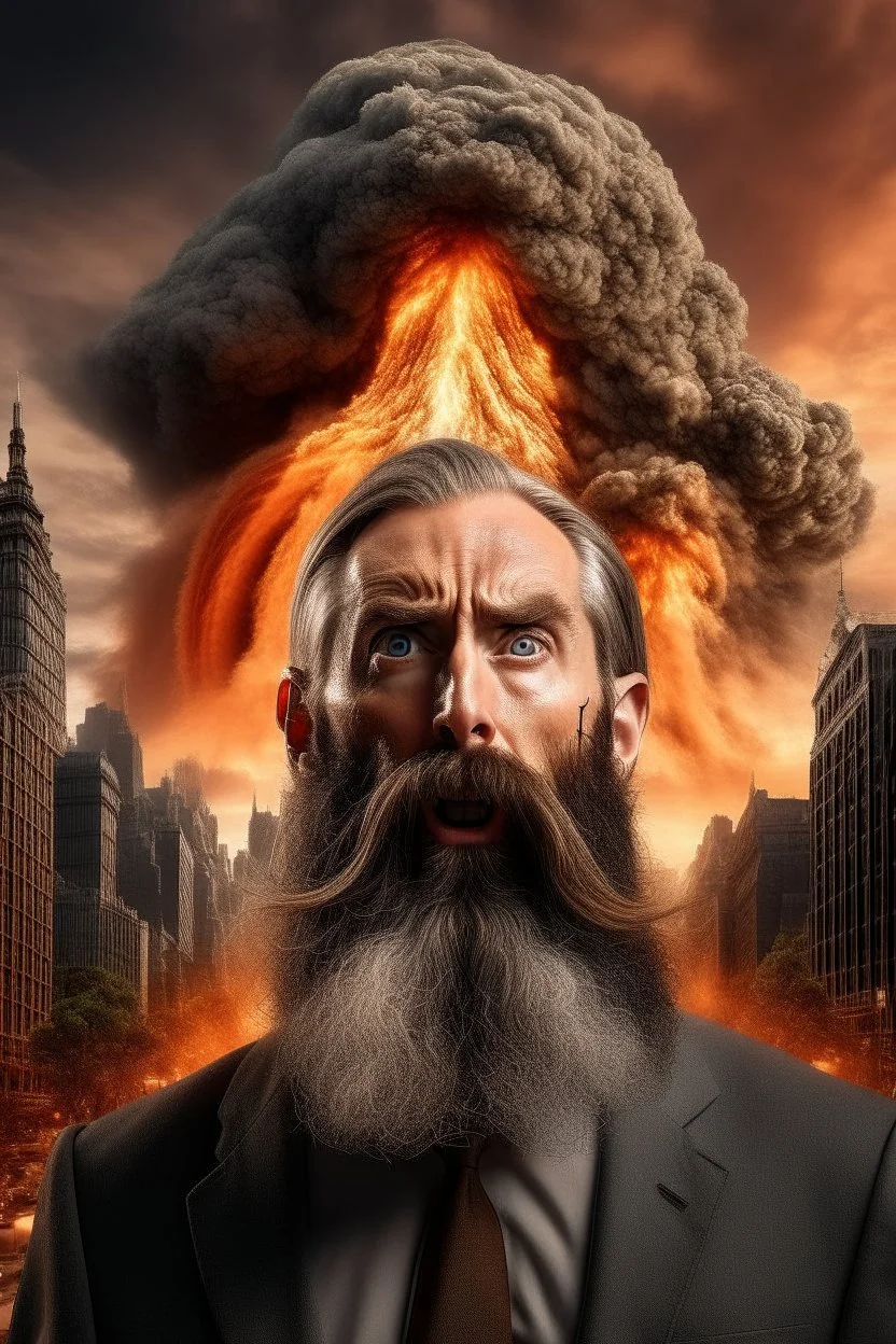 A volcano exploding over a New York City, inside the explosion a a transparent face of a man with long beard with big open eyes