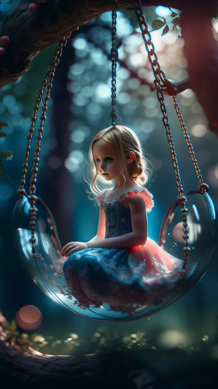 close up portrait of princess on a swing inside a crystal ball with a tree inside , shot on Hasselblad h6d-400c, zeiss prime lens, bokeh like f/0.8, tilt-shift lens 8k, high detail, smooth render, down-light, unreal engine, prize winning