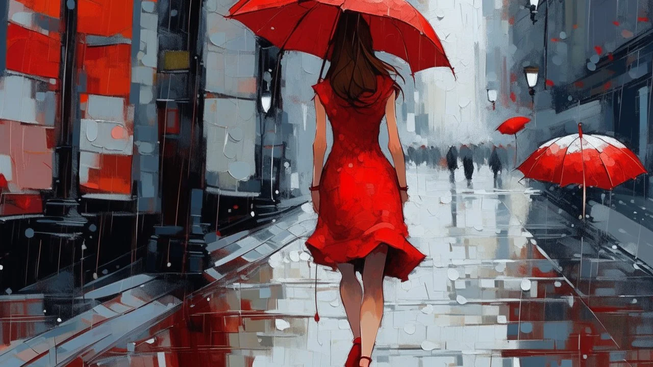 colorful flat illustration , A young Caucasian woman with long brown hair wearing a red dress and holding a white umbrella, walking alone on a rainy city street with blurred buildings and lampposts in the background, draw art style influenced by japanese artists, niji, black outlines