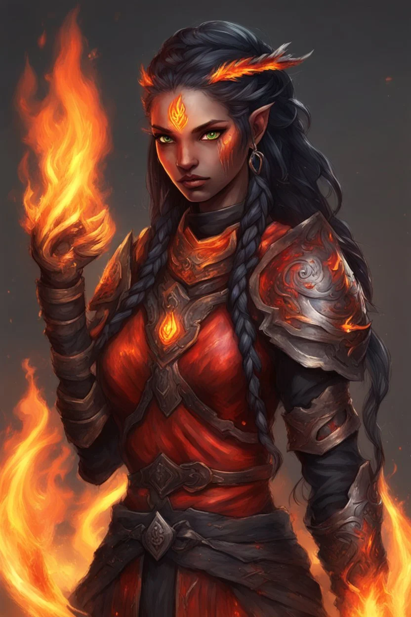 Paladin druid female made from fire . Hair is long and bright black some braids and it is on fire. Eyes are noticeably red color, fire reflects. Make fire with hands . Has a big scar over whole face. Skin color is dark