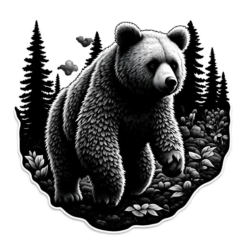 Sticker design on white background, Teddybear walking in a forest, in Gustave Dorè art style, high details, photorealistic, ambient occlusion, monochrome, black and white
