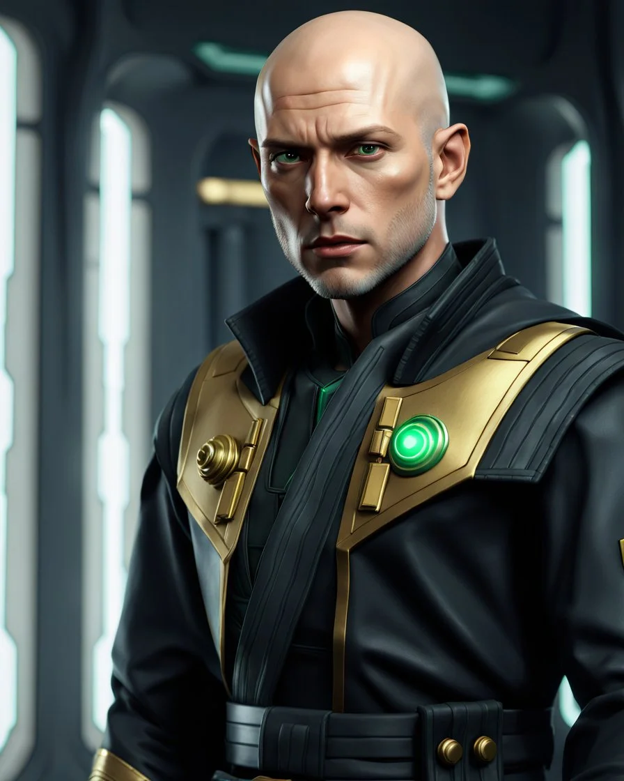 star wars bald male corellian jedi pilot wearing black and gunmetal grey old republic armored robes with gold trim inside the jedi temple holding a lightsaber with viridian green blade in left hand, centered head and shoulders portrait, hyperdetailed, dynamic lighting, hyperdetailed background, 8k resolution, volumetric lighting, light skin, fully symmetric details