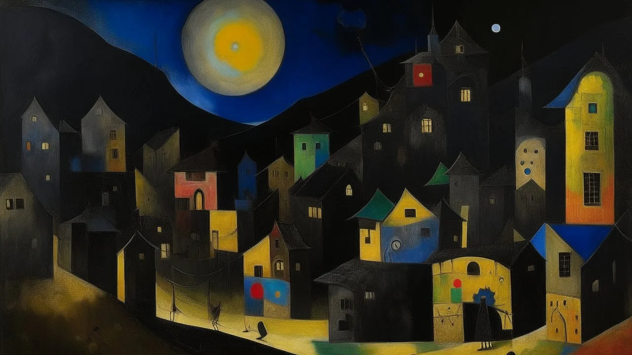 A black dark abandoned town in a dimension painted by Wassily Kandinsky