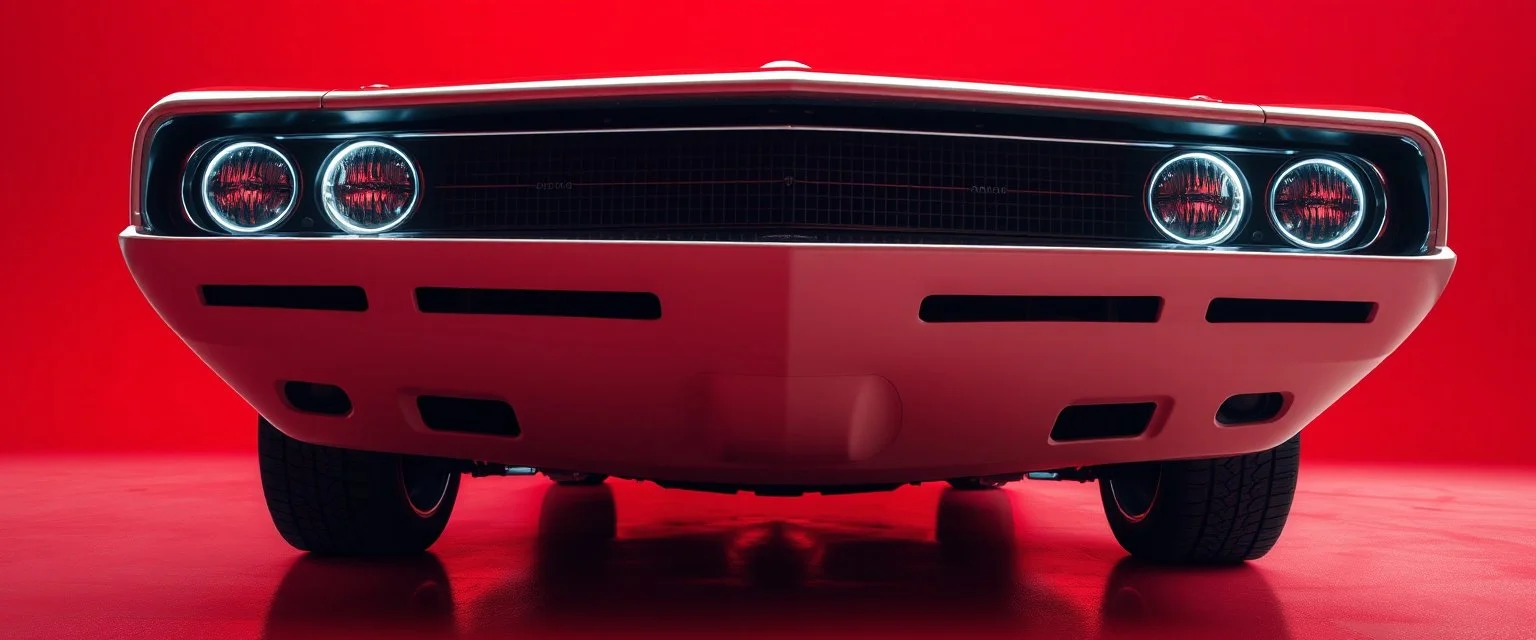 low view angle shot down from upper left front and showing the full vehicle, a 60s futuristic prototype muscle car, large close up a beautiful look up modern is decorated with red abstract, all red background, fisheye lense, vray, raytracing