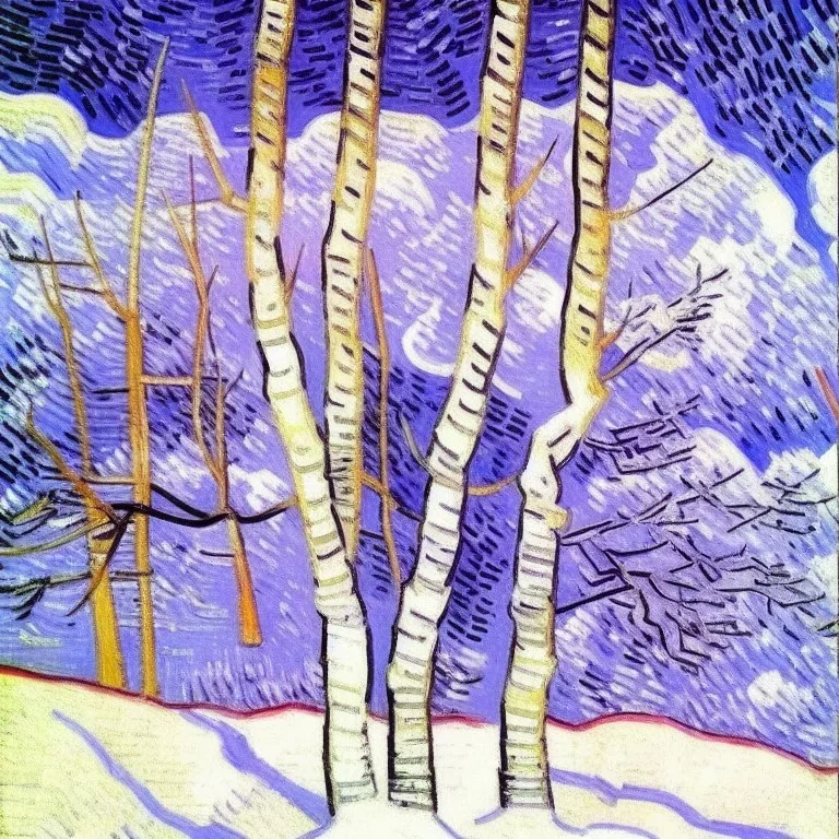 painting of birch tree in snow by van gogh pink sky