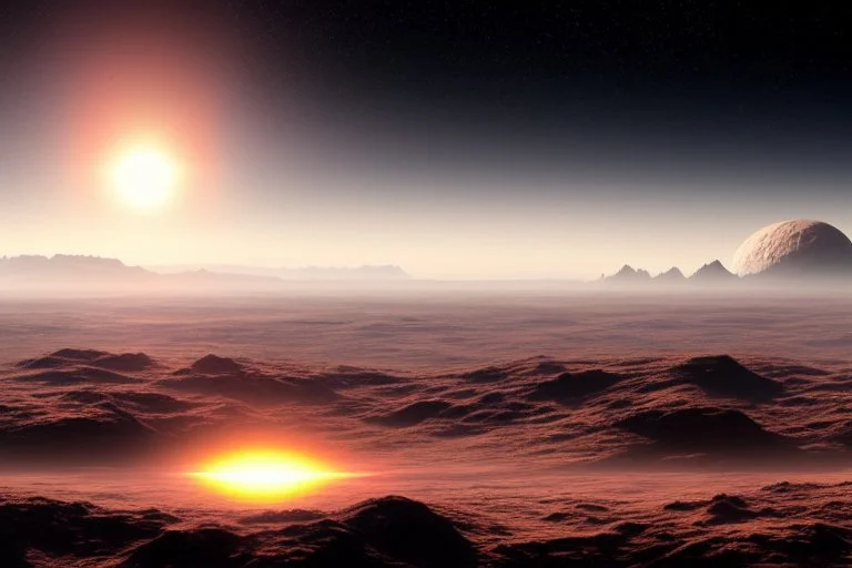 Epic exoplanet in the horizon, clouds, big mountains, water, science fiction landscape