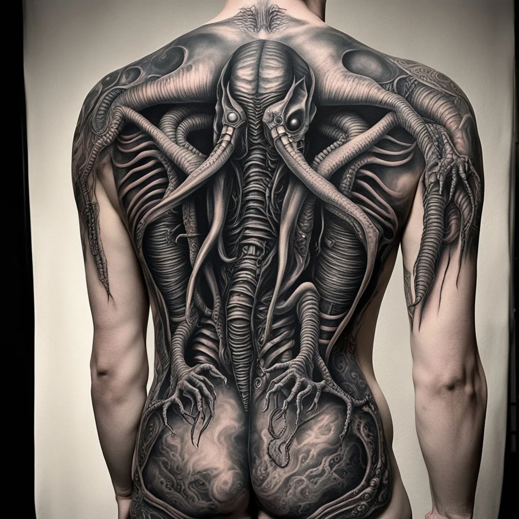 Bad tattoo, back xenomorph hitchhiker tattoo in style of H.R. Giger reading "NO REGERTS", text, photorealistic, by Joel-Peter Witkin