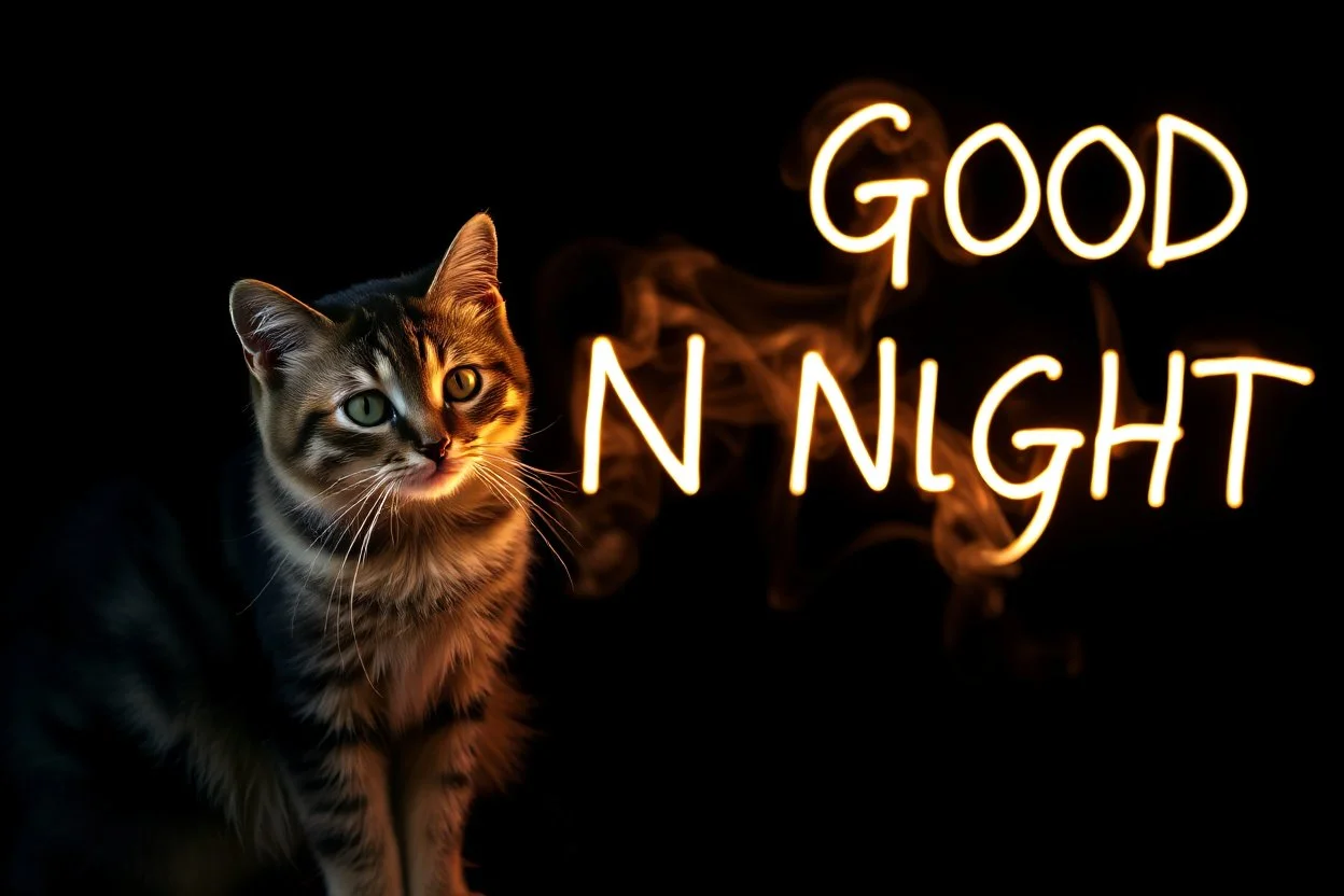 cat and sign "GOOD NIGHT" made of smoke, black background