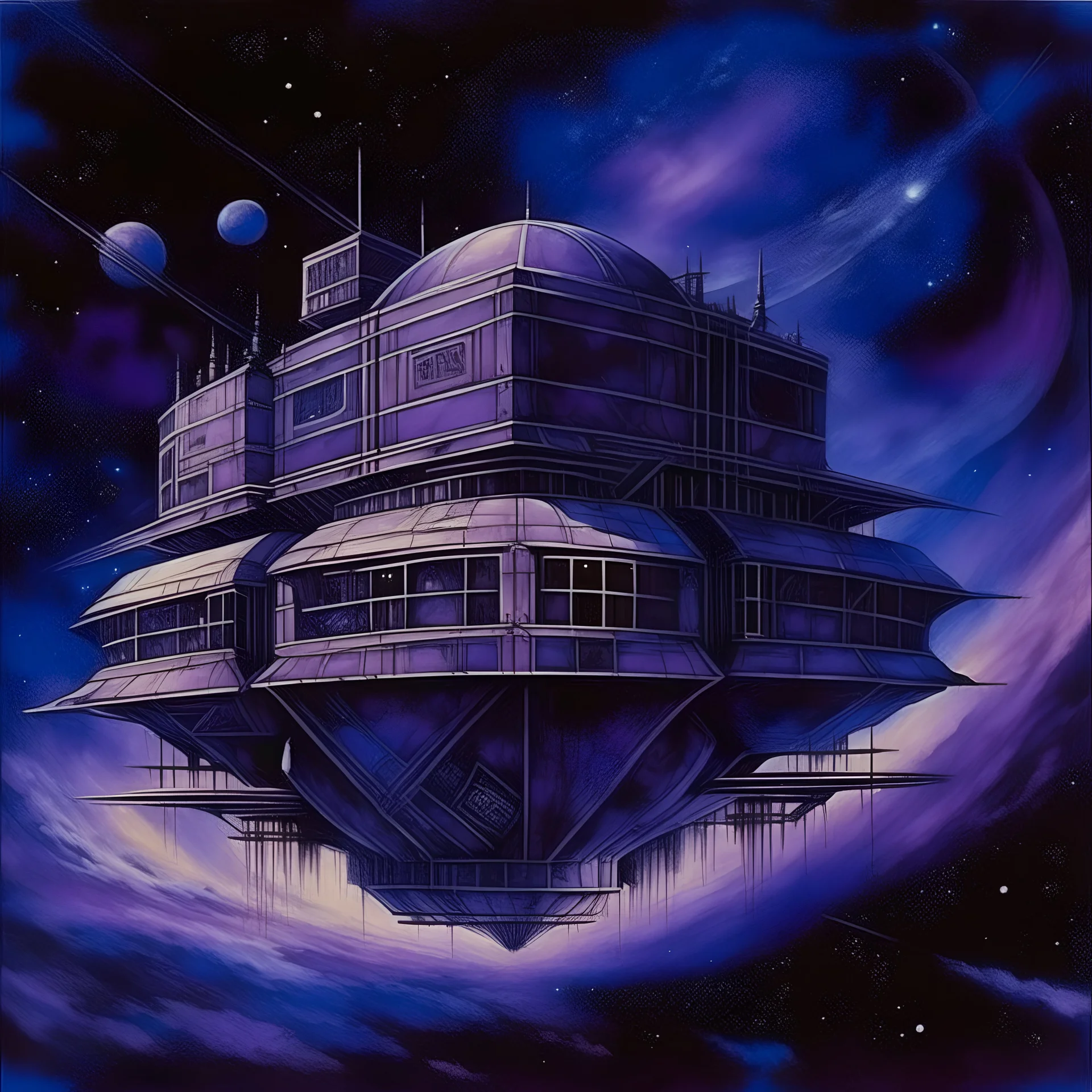 A violet space station in a galaxy painted by Leonardo da Vinci