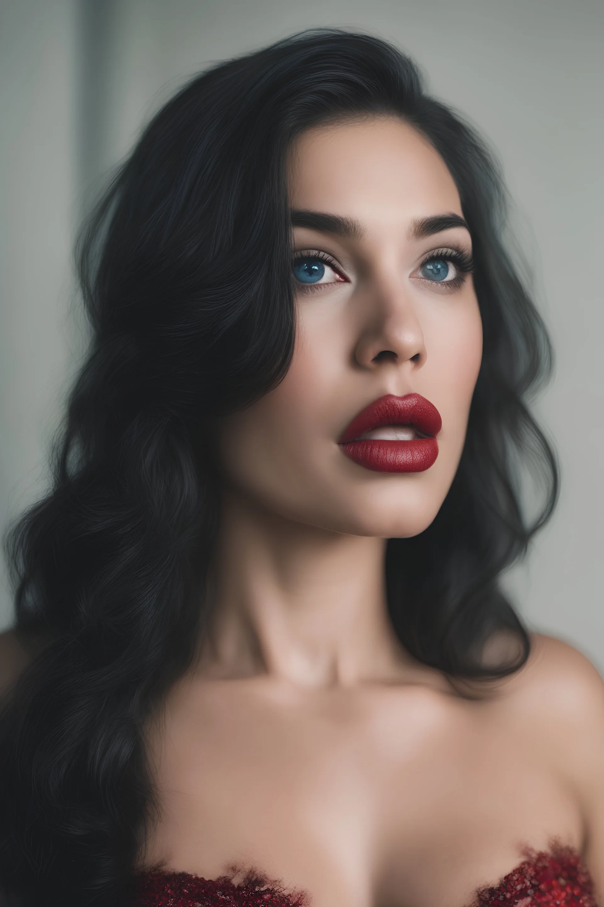 an extremely ugly abomination of a girl with great big pouty lips:1.5 and a humongous nose:1.5, wide set slanted soft blue eyes, extremely pointed chin, black hair, Wonder Woman, medium long shot, wide angle shot, full body image, head to toe, red lipstick