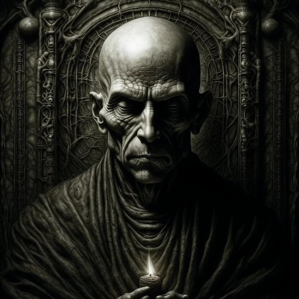 A bold monk in front of candle , Hyper Realistic Aerial Grungy Dark-Grey Brush strokes on a dark rustic background with charcoals