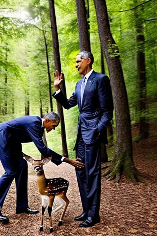 Obama as a mystical forest nymph in the woods raising a baby deer as his own high quality