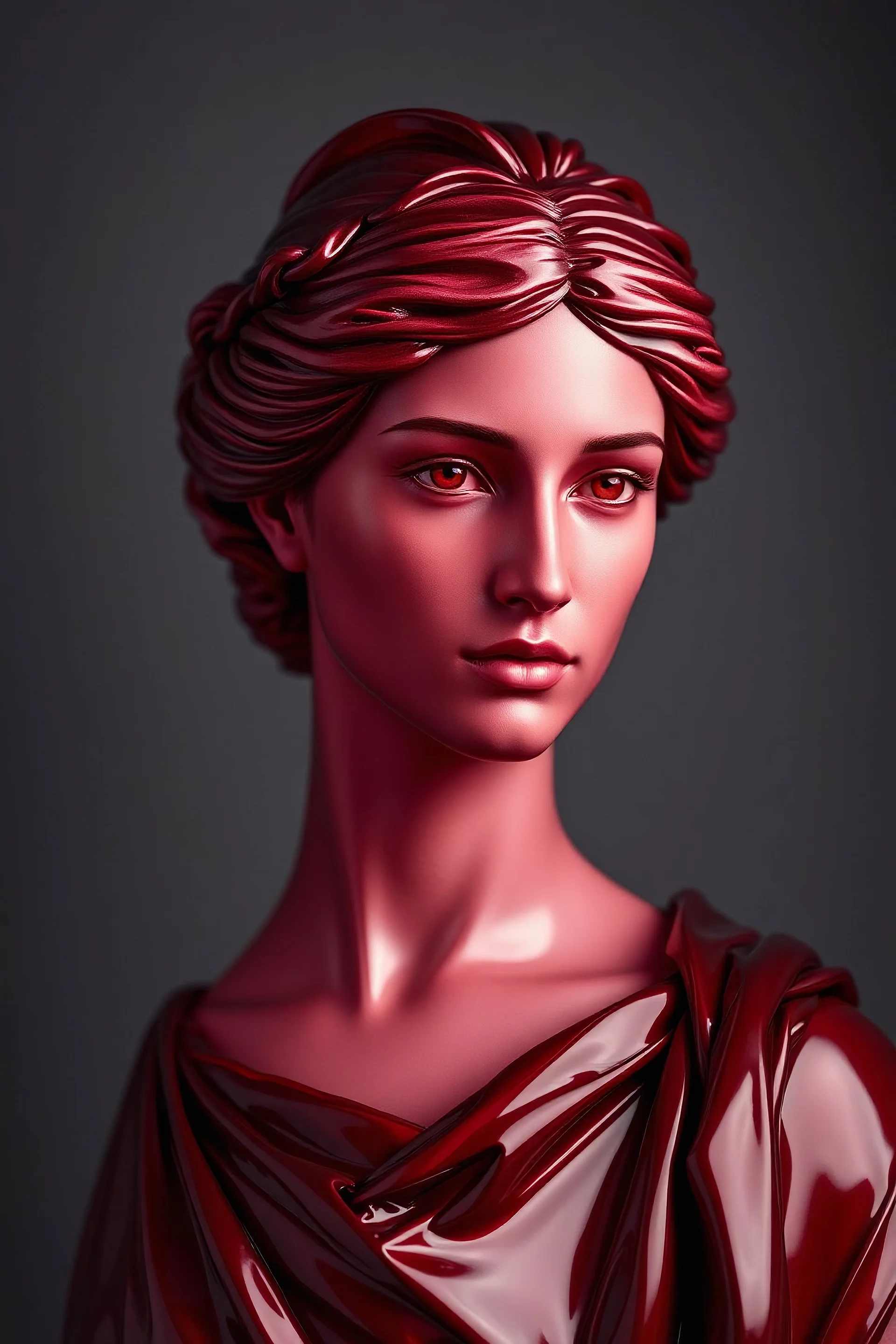 shiny dark red plastic on ROMAN woman portrait,gray background