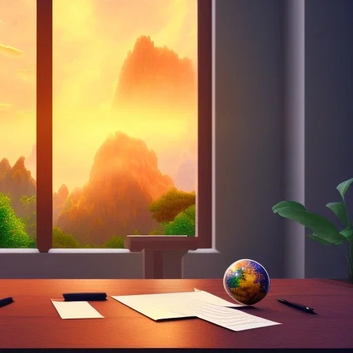 desk, parquet, sheet of paper, little pen, in front of a huge picture window with large view on a waterfall with warm light, sunset ,pixar style, panorama, nature, globe, HD, Hallelujah mountains