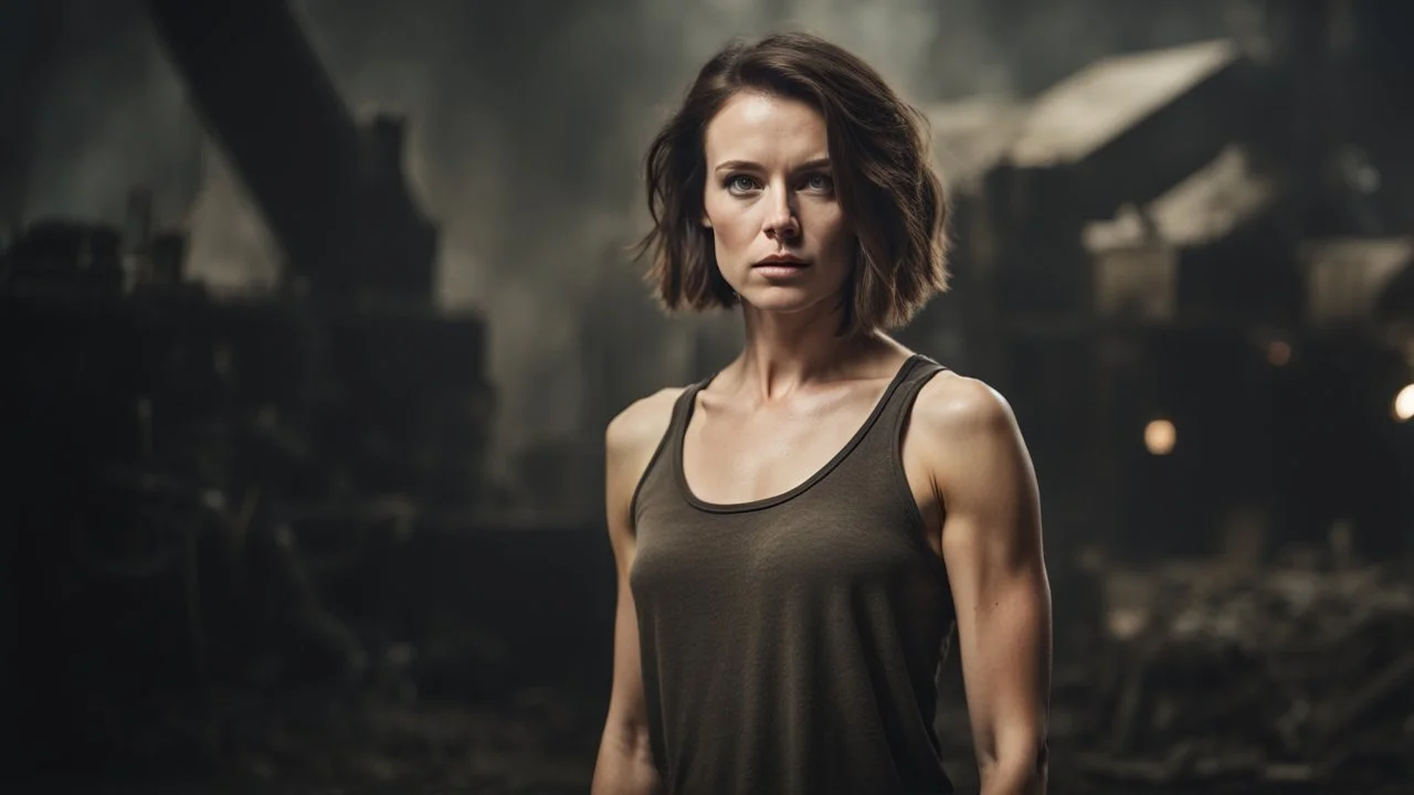 beautiful slender caucasian female technician with a knife, looking away from camera, black tank top, well toned muscles, weathered face, scratched sand camo metal details, short brunette wavy bob haircut, dystopian, postapocalyptic city scene with smoke and explosions. giant robot in the background