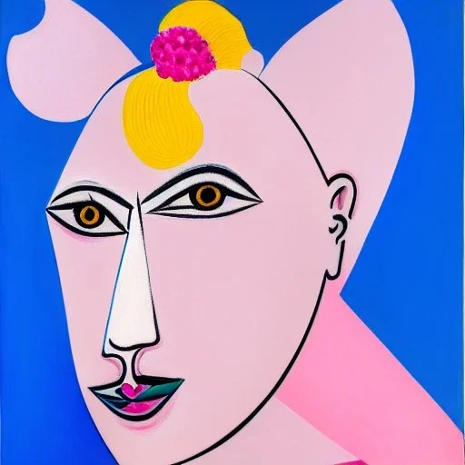 Retrato de una abuela muy guapa llamada Margarita Arnau montando un unicornio rosa con el estilo de Pablo Picasso