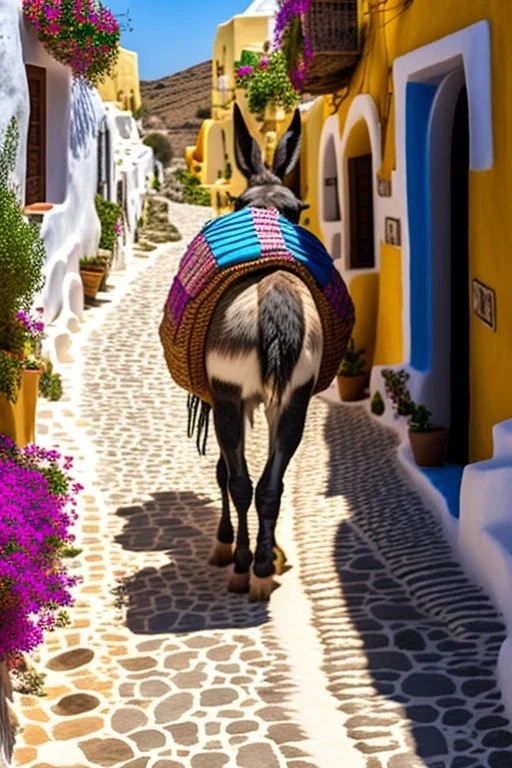 donkey on a path in Thira, Greece, baskets with vegetables on his back, cobblestone pavement, hyper realistic, detailed, accurate, beautifully ornamented houses, open aperture, style Isabel Kreitz