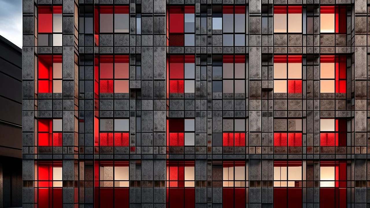 fachada de edificio con ventanas que reflejan otras ventanas. Paleta hormigon gris claro y oscuro con rojo y luz calida. patron de cubos con textura de roca interior. llave colgando de hilo en fachada -- Mondrian brutalista