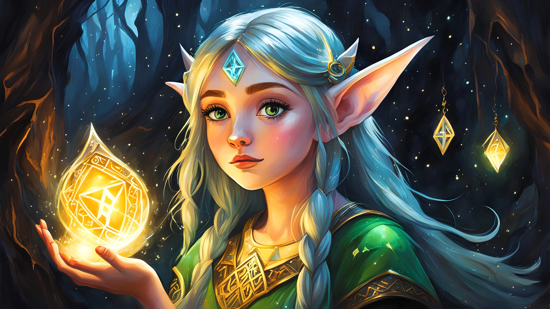 acrylic illustration, acrylic paint, oily sketch, cartoon, A mysterious teen elf girl with glowing runes that float around her protectively.