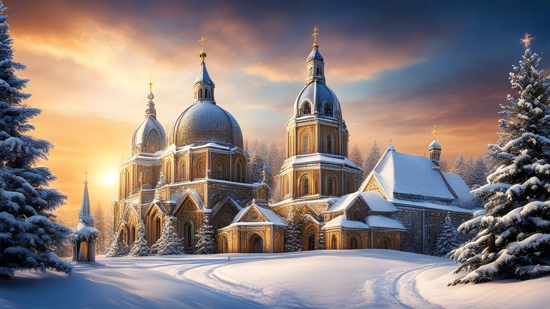 Christmas card with an Orthodox church on the background, ultra hd, realistic, vivid colors, highly detailed, UHD drawing, pen and ink, perfect composition, beautiful detailed intricate insanely detailed octane render trending on artstation, 8k artistic photography, photorealistic concept art, soft natural volumetric cinematic perfect light