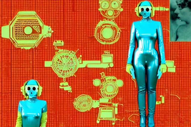 Golden to cyan surfaces body, latex. Brain-Synthesizer. partly coverage metallic. Hot Russian military girls, trooping rebels. Old-fashioned cameras integrated to heads. Strange Steam-punk telephones! Dystopia perfect body. Red 4D-tiling. Partly symmetrical in relation to big machines. Perfect golden ratio in all directions. Time-space-corruption. Steam-machines in 5th dimension. Tessellation in 6-dimensions. Paranoid, oppressive atmosphere. Soviet propaganda.