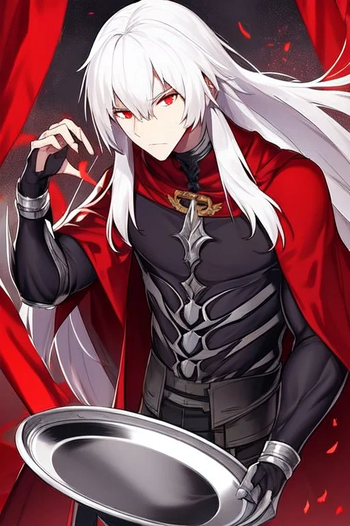 Vampire knight, muscular young man with long white hair, wearing black gothic full plate armor with red cape, cyan eyes