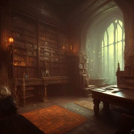 dark fantasy concept art, dynamic lighting, hyperdetailed, intricately detailed, Splash screen art, deep color, Unreal Engine, volumetric lighting, fantasy library artwork, indoors, cozy, leather, wood, library, books,