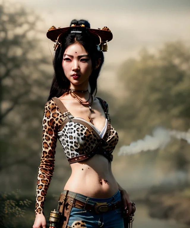 Ultra realistic, steampunk western party scene. Geisha Asian woman with leopard, waist up view, smoke, happy, color fog, people background, highly detailed, concept art, unreal engine 5, god rays, ray tracing, RTX, lumen lighting, ultra detail, volumetric lighting, 3d, finely drawn, high definition, high resolution.