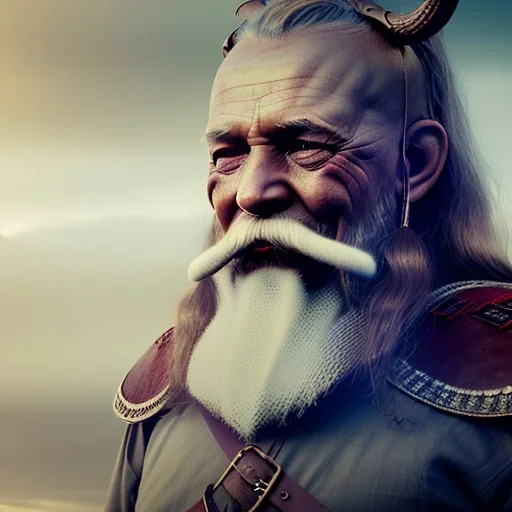 Viking theme, a younger woman sitting next to a 50-year-old man, portrait, 8K, close-up face, anatomically perfect face, Highly detailed stunning full frame portrait, misty and cloudy atmosphere