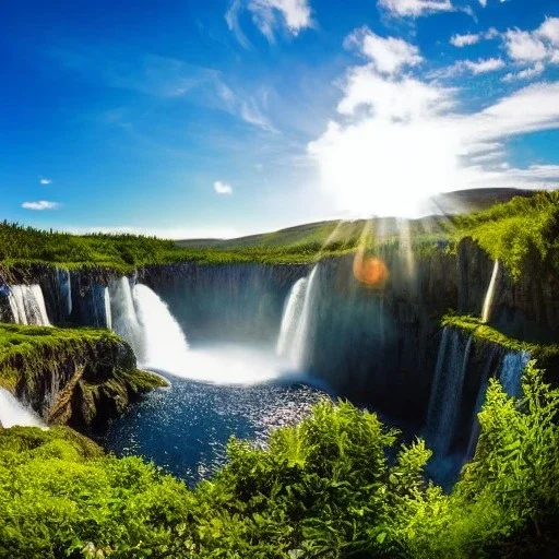 Atlantide, paysage angélique, cascades, soleil, ciel bleu, temple cristal