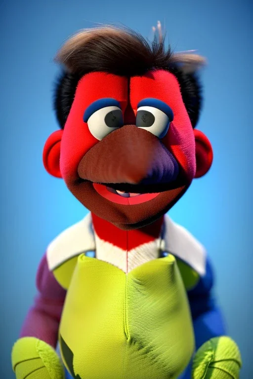 Waist up muppet Portrait, Nicolas maduro us muppet doll, Venezuelan president, tracksuit red blue and yellow, mustache, photo studio, red background, unreal engine 5, concept art, art station, ray tracing, lumen lighting, ultra detail, volumetric lighting, 3d.