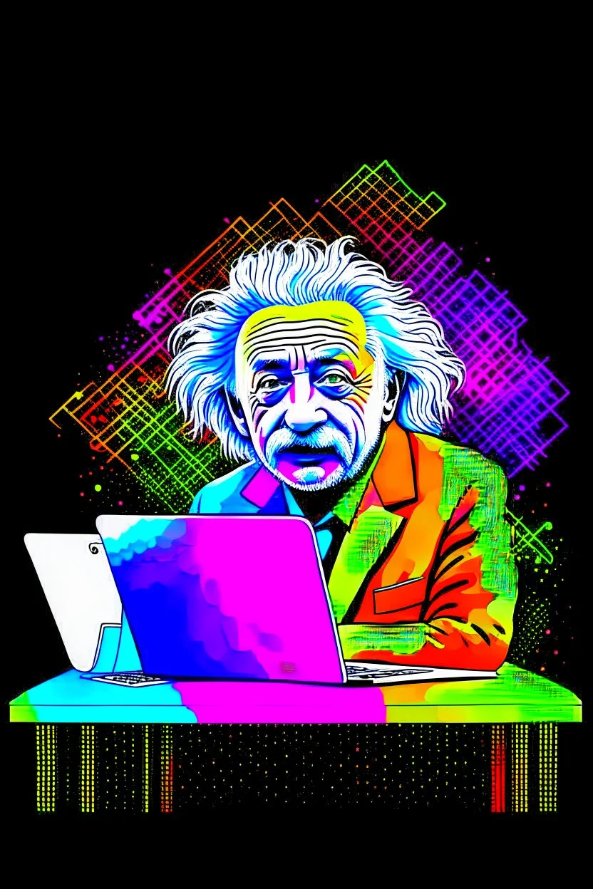 albert einstein in with laptop vivid colors