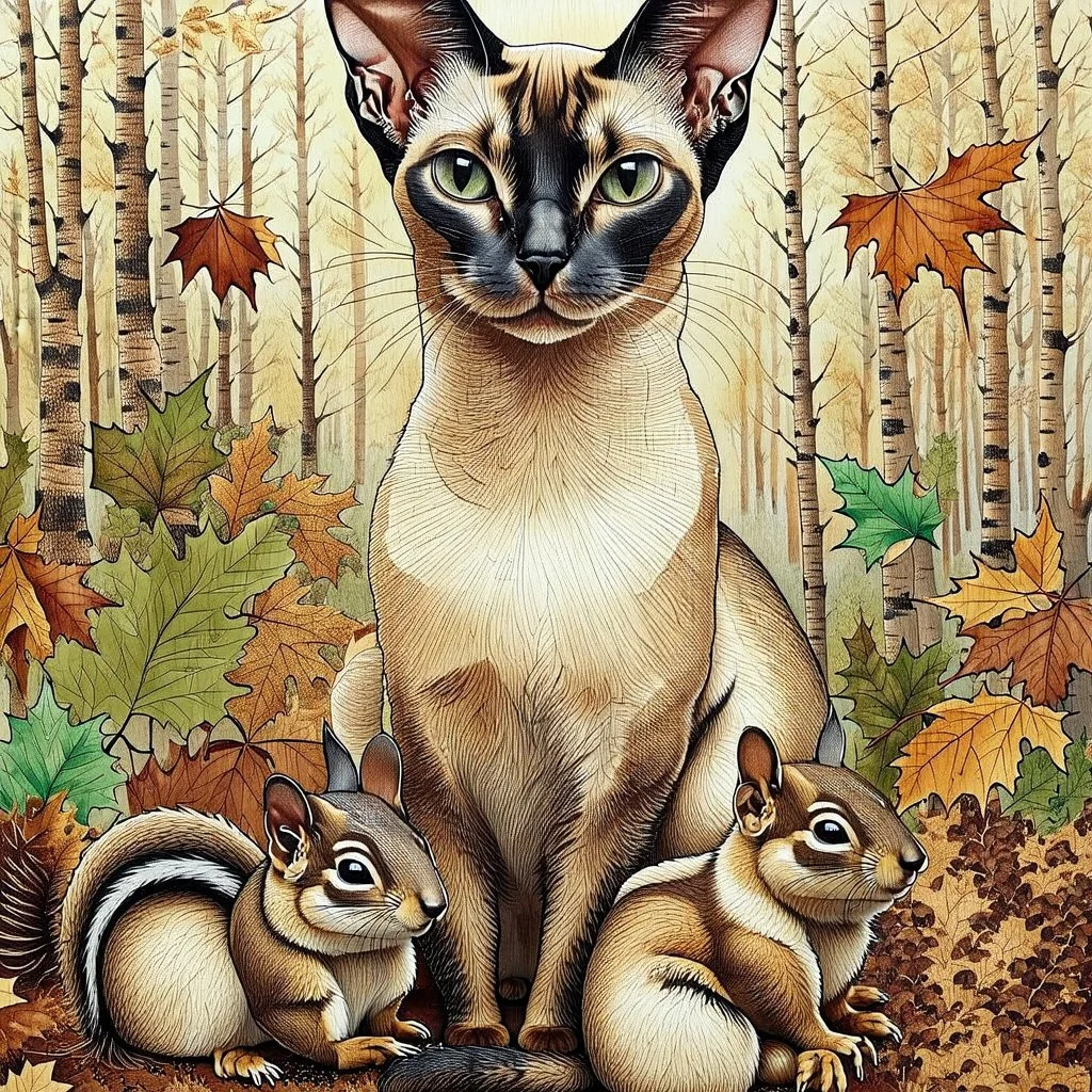 mixed-media picture of an autumn forest, a sitting up Oriental shorthair Siamese cat , with chipmunks and squirrels created in the style of Bohdan Pylypiv — combining pyrography with delicate watercolor accents. The main outlines and facial features are rendered with fine woodburned lines, rich in sepia, black, grey, green and brown tones and texture, pastel colors